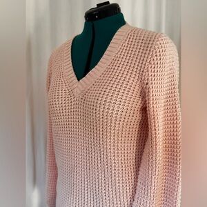 J. CREW Pale Pink Waffle Knit Cotton Chunky V-Neck Pullover Sweater